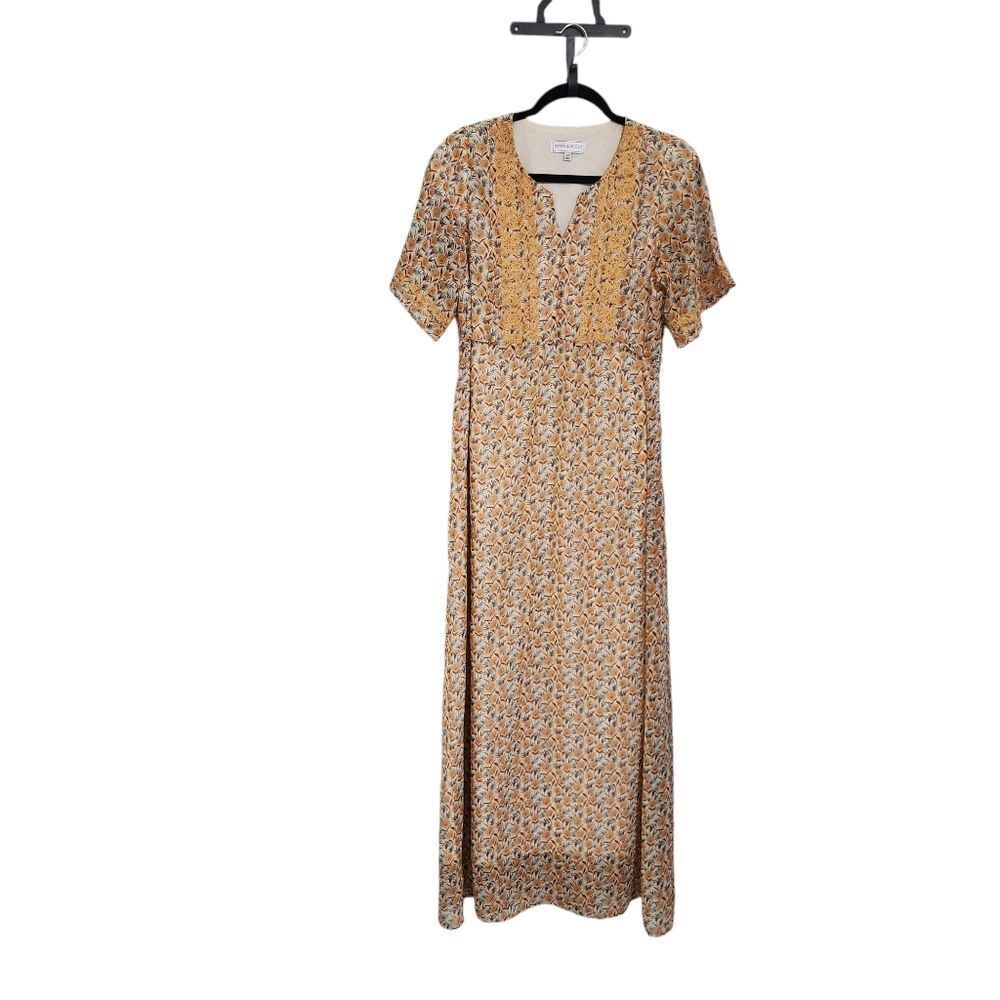 Piper & Scoot yellow floral print embroidered Cottagecore maxi dress M